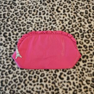 2011 Paris Amour Hot Pink Ruffled Top Zip Cosmetic Pouch Eiffel Tower Charm, EUC